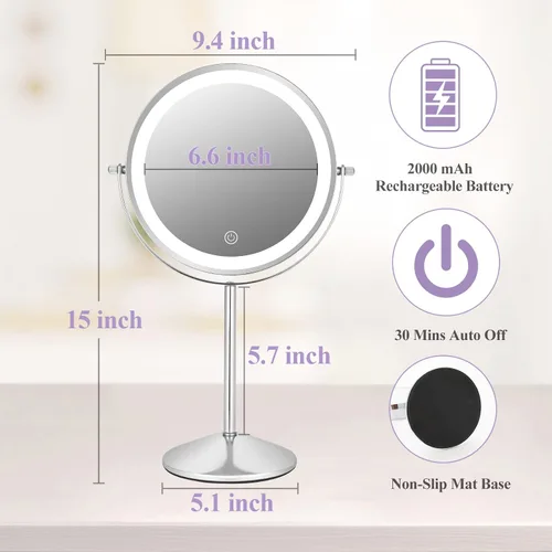 Miniatura 7 de 8" Makeup Mirror with Lights, 1X/10X Lighted Vanity Mirror with Magnification, 3 Color Adjustable Brightness, 360° Rotating Dual-Side, USB