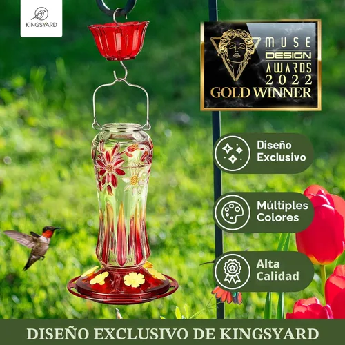 Miniatura 2 de Kingsyard Comedero para colibríes para colgar al aire libre, 25 onzas, alimentador de néctar de vidrio para colibríes con foso de hormigas y 6 Royal