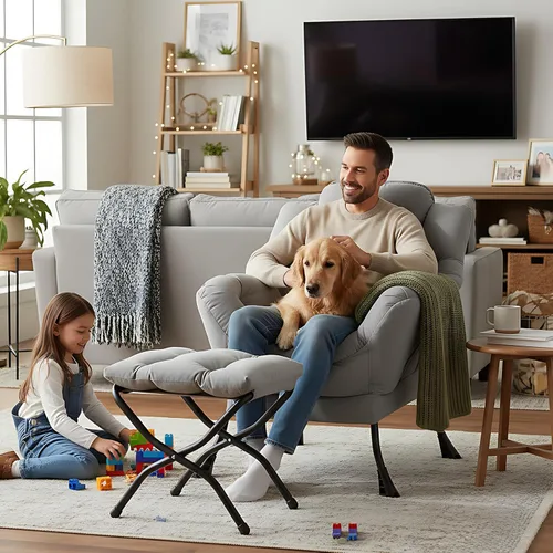 Miniatura 4 de Welnow - Silla perezosa con otomana, moderna silla de descanso con reposabrazos y bolsillo lateral, juego de sillón tapizado de ocio, sillón de Gris