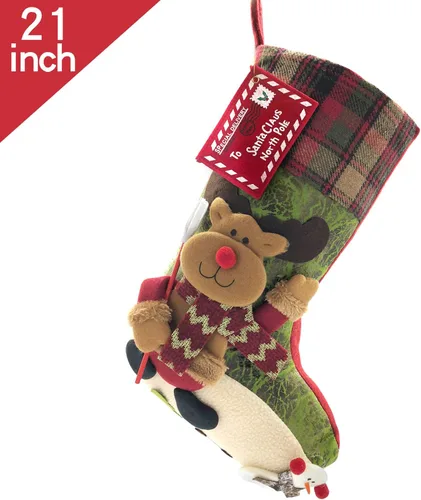 Miniatura 7 de Medias de Navidad a cuadros de 21 pulgadas, ciervos, osos, animales de una pieza, fieltro de felpa grande, diseño de reno 3D, muñeco de nieve