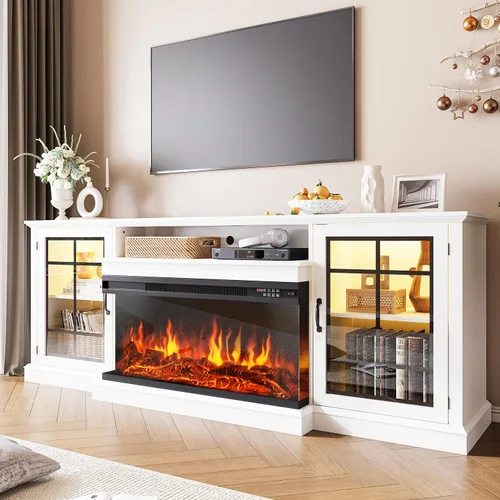 Miniatura 17 de Soporte de TV con chimenea de 59 pulgadas, mesa de consola central de entretenimiento de vidrio de 3 caras para televisores de hasta 65 pulgadas