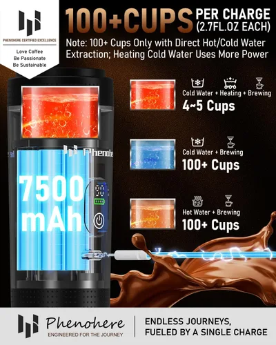 Miniatura 6 de Máquina de café espresso eléctrica portátil 6 en 1, cafetera de camping autocalentable de 20 bar con batería de 7500 mA, pantalla, compatible