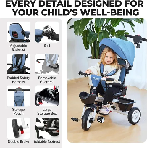 Miniatura 9 de EOOWOY Triciclo para niños pequeños con mango de empuje, Cochecito Triciclo 7 en 1 con asiento giratorio de 360°, respaldo reclinable, ruedas todo