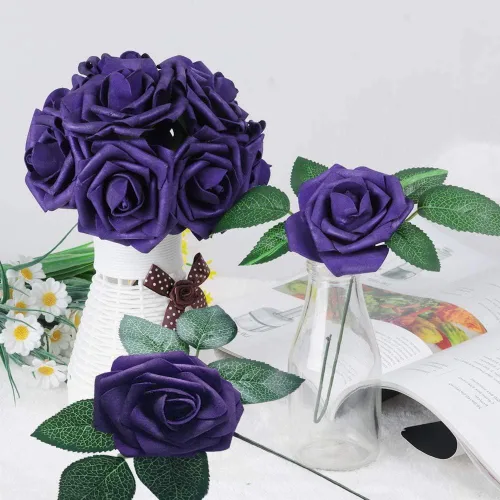 Miniatura 6 de Higfra Flores artificiales, 25 piezas de rosas falsas de espuma de color morado oscuro de aspecto real con tallos para ramos de boda, centros