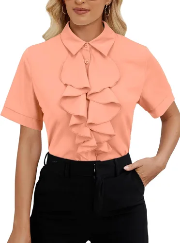 Miniatura 8 de Vrtige Women's Ruffle Front Collar Neck Button Down Short Sleeve Blouse Shirt Top
