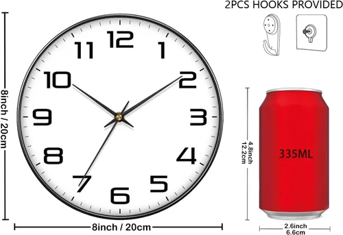 Miniatura 3 de Reloj de pared moderno de 8 pulgadas que funciona con pilas, reloj analógico de cuarzo silencioso sin tictac con números grandes, reloj de pared