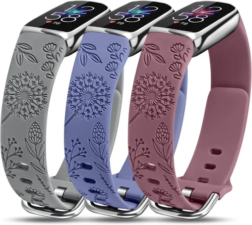 Miniatura 8 de Minyee Paquete de 3 correas compatibles con Fitbit Luxe para mujer, de silicona suave, con grabado floral, correa deportiva de diente de león