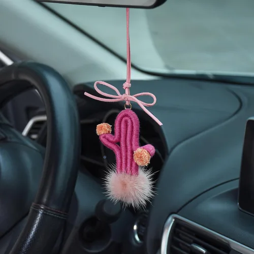 Miniatura 17 de Colgante de cactus de ganchillo para espejo retrovisor de automóvil, plantas peludas, adorno colgante para decoración del interior del automóvil