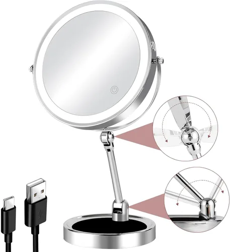 Miniatura 10 de 8" Makeup Mirror with Lights, 1X/10X Lighted Vanity Mirror with Magnification, 3 Color Adjustable Brightness, 360° Rotating Dual-Side, USB