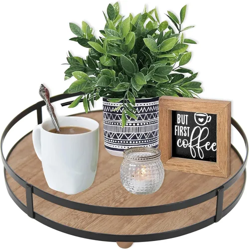 Defined Deco Bandeja decorativa redonda de 12 pulgadas con asa de metal - Bandejas decorativas para decoración del hogar, decoración de sala de Negro