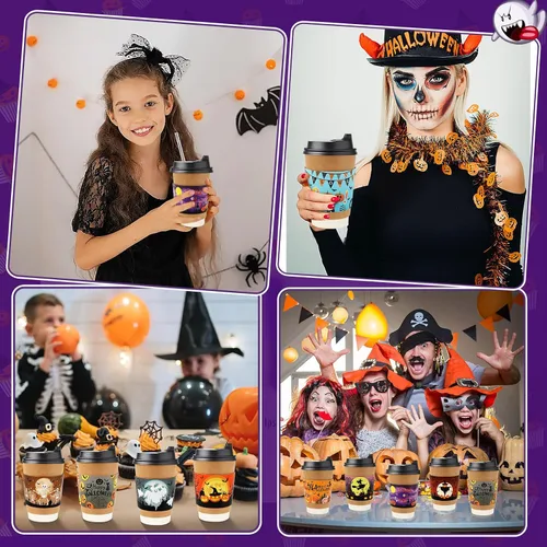 Miniatura 7 de NOVWANG 54 fundas para tazas de café de Halloween, divertidas fundas desechables de papel para tazas de 12 y 16 onzas, bebidas calientes