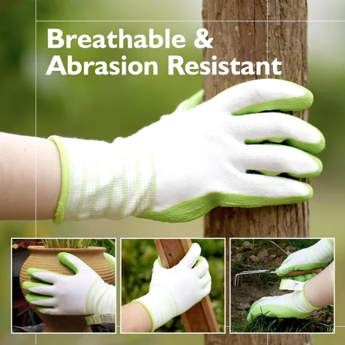 Miniatura 5 de Guantes de jardinería Brigic, fibra de bambú, táctiles, transpirables, recubiertos de goma, verde y púrpura, de S a XL