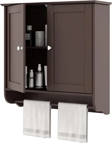 COSTWAY Armario de baño montado en la pared, armario de almacenamiento sobre el inodoro con toallero, 2 puertas y estante ajustable, gabinete de