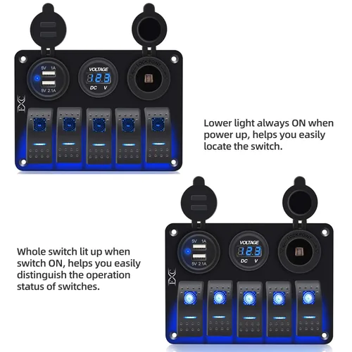 Miniatura 2 de FXC Interruptor basculante de barco marino impermeable, panel de aluminio de 5 segmentos con ranura USB dual 3.1A + medidor de voltios, luz LED azul