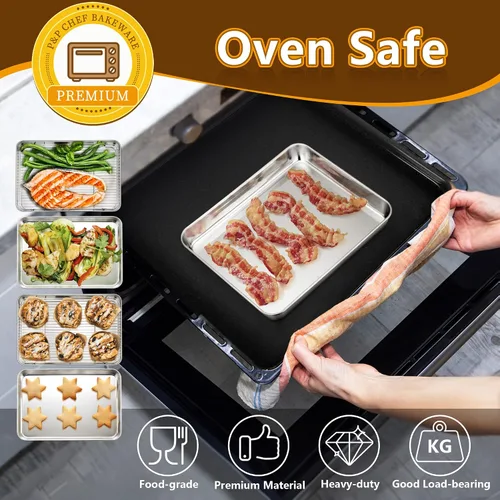 Miniatura 6 de P&P CHEF Sartenes para horno tostador de 9 pulgadas con estantes, 4 piezas de bandeja de horno de acero inoxidable para hornear y estante