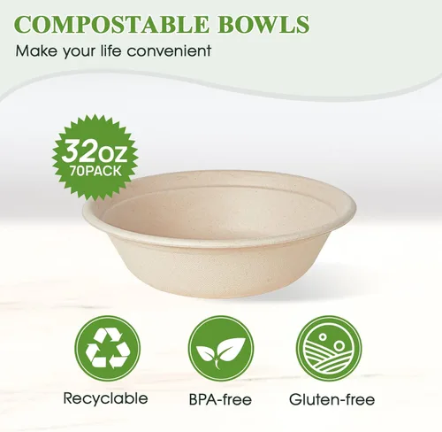 Miniatura 2 de ECOLipak Cuencos de papel desechables compostables grandes de 32 onzas, paquete de 70 cuencos de sopa de caña de azúcar biodegradables con bagazo