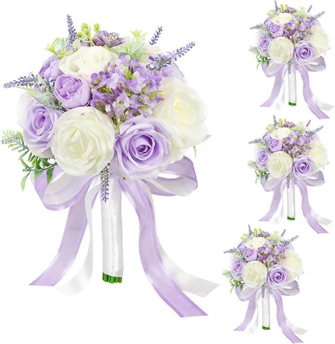 Miniatura 38 de Juego de 4 ramos para dama de honor para boda - Ramos de flores artificiales de 7 pulgadas para decoración de centros de mesa de ceremonia y Azul