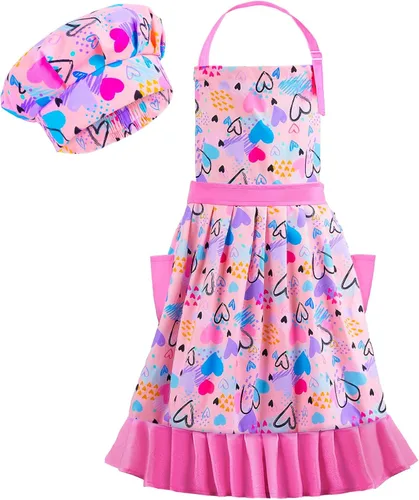 MHJY Conjunto de Delantal y Gorro para Niñas Delantales de Falda Plisada Vintage con Correa Ajustable y Bolsillos para Hornear y Cocinar 8-12 Años