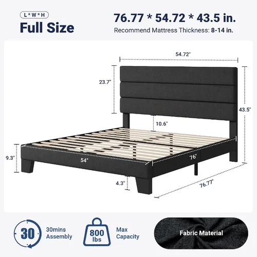 Miniatura 2 de Allewie Base de cama de plataforma de tamaño completo con cabecera tapizada de tela y soporte de listones de madera, base de colchón totalmente Gris