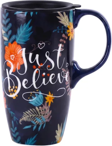 Topadorn Taza de cerámica con tapa y asa, 17 oz. Taza de café alta para el hogar, perfecta para café y té, Just Believe Solo creer