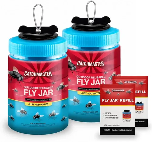 Catchmaster - Trampa para moscas reutilizable para exteriores, 2 tarros azules colgantes con cebo | Catches house, bottle & blowflies, Food-based