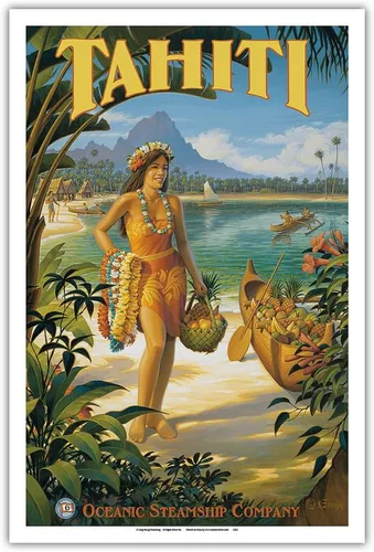 Tahiti - Oceanic Steamship Company - Tahitian Native with Fruit and Flower Leis - Vintage Ocean Liner Travel Poster by Kerne Erickson - Master Art