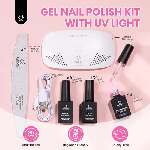 Miniatura 2 de Beetles - Kit de esmalte de uñas de gel rosa nude con lámpara de uñas LED UV, 6 piezas, kit de iniciación, gel base, capa superior, juego de esmalte