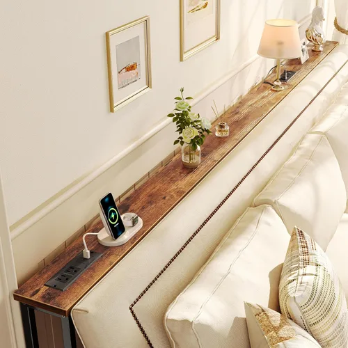 Miniatura 2 de SUPERJARE - Mesa de sofá de 102 pulgadas con 2 tomas de corriente y puertos USB-C, mesa consola estrecha de 5.9 pulgadas con almacenamiento, Marrón