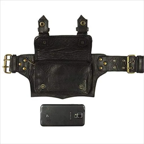 Miniatura 2 de Cangurera de cuero vintage para hombre y niño, bolsa de cuero para hombre, cinturón de mensajero, regalo para hombres y mujeres (negro)