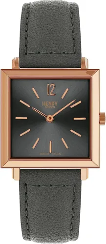 Henry London Reloj de mujer Heritage Square con pantalla analógica y correa de piel gris HL26-QS-0262, Oro Rosa, Moderno