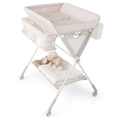 BABY JOY Cambiador portátil para bebé, estación de cambio de pañales plegable con ruedas, altura ajustable, estante de almacenamiento grande,