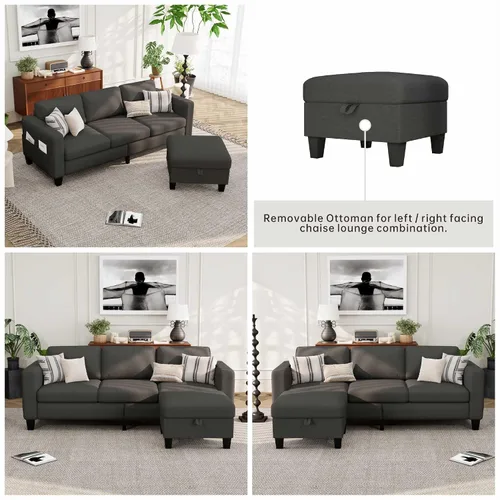 Miniatura 5 de Sofás Seccionales para Sala de Estar - Sofá Moderno en Forma de L de Lino Gris Oscuro de 3 Plazas con Otomana de Almacenamiento Reversible