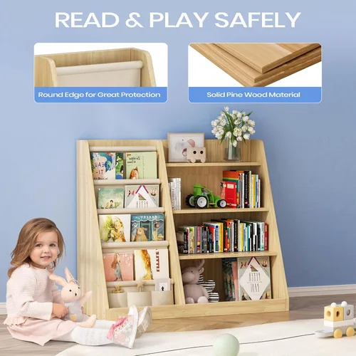 Miniatura 4 de EXPERLAM Estantería para niños y organizador de almacenamiento de juguetes, estante de libros de madera de 4 niveles con soporte para libros en sala