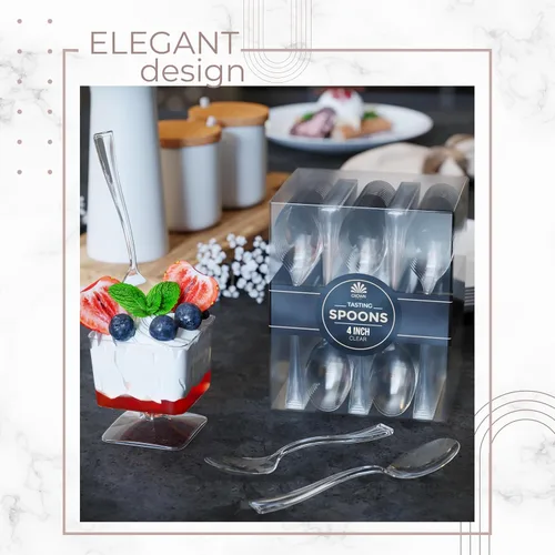 Miniatura 5 de Mini cucharas de postre – Paquete a granel de 100 cucharas desechables transparentes de plástico de 4 pulgadas para aperitivos – Aspecto real