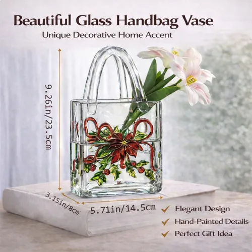Miniatura 3 de Jarrón con textura floral pintado a mano, jarrón de cristal en forma de bolso de 9.1 pulgadas con patrones 3D, centro de mesa botánico engrosado