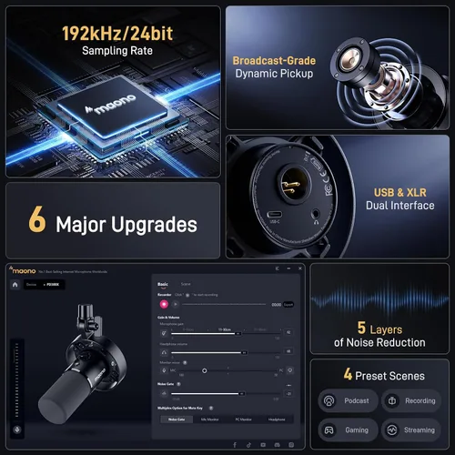 Miniatura 2 de MAONO Micrófono dinámico XLR USB para grabación de podcasts: para grabación vocal, creación de contenido, estudio en casa, voz en off, con 192