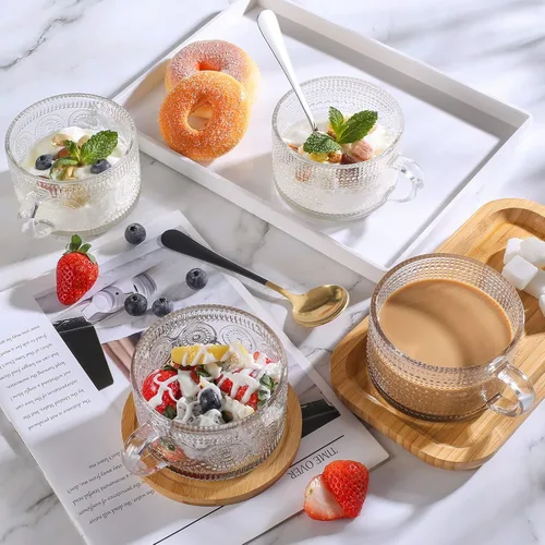 Miniatura 2 de Bandesun Tazas de café de vidrio vintage, 14 onzas, juego de 2 – apilables en relieve, cristalería con asa, para capuchino, latte, cereales, yogur