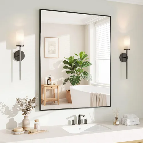 Miniatura 39 de Koonmi Espejo de pared rectangular negro, espejo de baño de 24 x 32 pulgadas, espejo de tocador con marco de aluminio para entrada, sala de estar