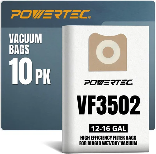 POWERTEC 23743 VF3502 - Bolsas de aspiradora tamaño A para Ridgid, paquete de 10, 12-16 galones, bolsas de vacío para Ridgid HD1200, HD1400 para