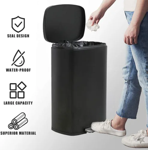 Miniatura 2 de TTY Store Bote de basura de acero inoxidable de 13 galones con tapa, negro, capacidad de 13.0 galones, antihuellas, diseño silencioso, fácil de usar