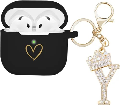 Miniatura 20 de Compatible con AirPods 4 Cover 2024, funda de silicona suave con patrón de corazón dorado para 4ª generación, llavero de letra A-Z con diamantes