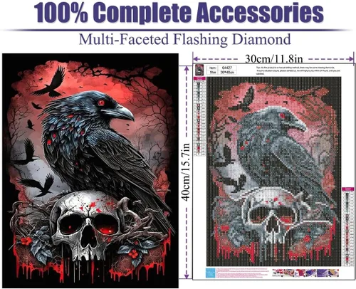 Miniatura 3 de Mrnsiet Kits de pintura de diamantes de Halloween para adultos, pintura de diamante de cuervo 5D para principiantes, kits de arte de diamantes