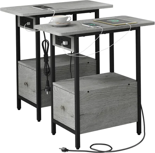 Miniatura 17 de LIDYUK Mesa auxiliar con estación de carga, mesa auxiliar estrecha con cajón, puertos USB y tomas de corriente, mesita de noche para espacios Negro