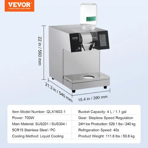Miniatura 7 de VEVOR Máquina comercial de hielo de copo de nieve, 529.1LBS/24H máquina de hielo de copo de nieve, máquina de afeitar de hielo de acero inoxidable