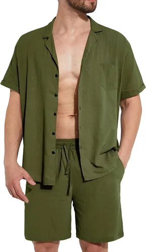 Miniatura 3 de THWEI Conjunto de 2 piezas para hombre, camisa de manga corta, casual, algodón, con botones, para verano, playa, vacaciones