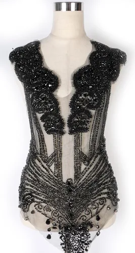 Nuevo Muy Hermoso Negro Rhinestone Cuentas Bodice Applique Hecho A Mano Con Cuentas Apliques Parche Para Vestido Tela 27.5 "x 15.7"