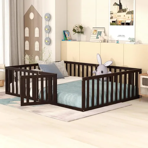 Miniatura 9 de Bellemave Cama de suelo para niños, marco de cama Montessori tamaño Queen con barandillas de valla para niños, camas de madera para niños y niñas