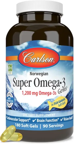 Miniatura 5 de Carlson - Gemas Super Omega-3, 1200 mg de Omega-3, Apoyo Cardiovascular, Función Cerebral y Salud de la Visión, Noruego, 180 geles blandos