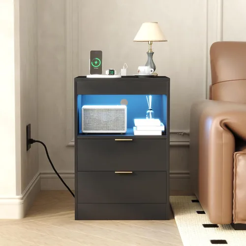 Miniatura 8 de Yusong Mesita de Noche, Mesa de Noche, Mesita LED con Estación de Carga, Mesita Moderna, Mesa de Sofá de Madera con 2 Estantes Deslizantes (Negro)