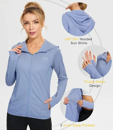 Miniatura 4 de Libin sudadera con capucha para mujer, con cremallera completa, UPF 50+, capucha con protección solar, de manga larga, para senderismo